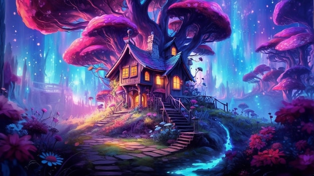 Un dipinto di una casa in mezzo a una foresta generativa ai