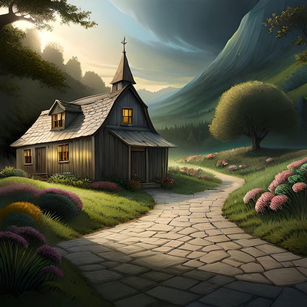 Un dipinto di una casa in montagna
