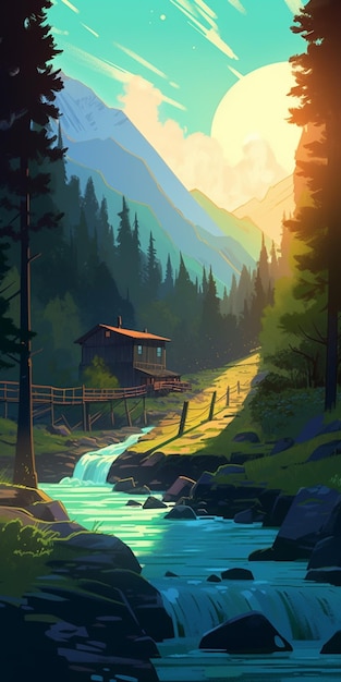 Un dipinto di una casa in montagna