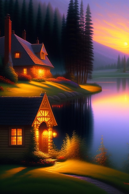 Un dipinto di una casa in riva al lago con il sole che tramonta alle sue spalle.