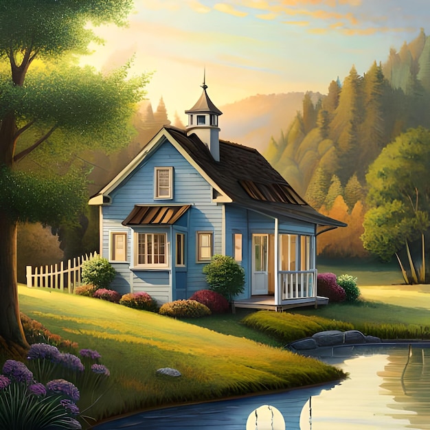 Un dipinto di una casa in riva al lago