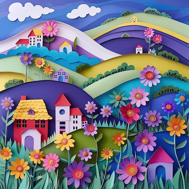 Un dipinto di una casa in un campo di fiori