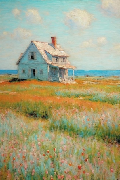 Un dipinto di una casa in un campo di fiori.