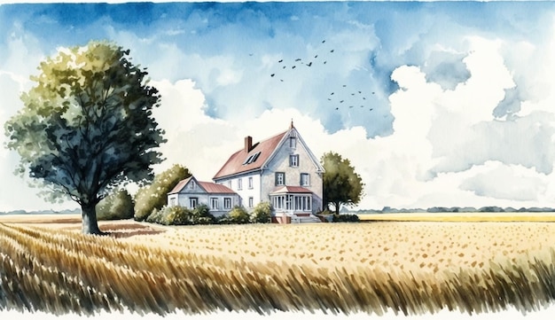 Un dipinto di una casa in un campo
