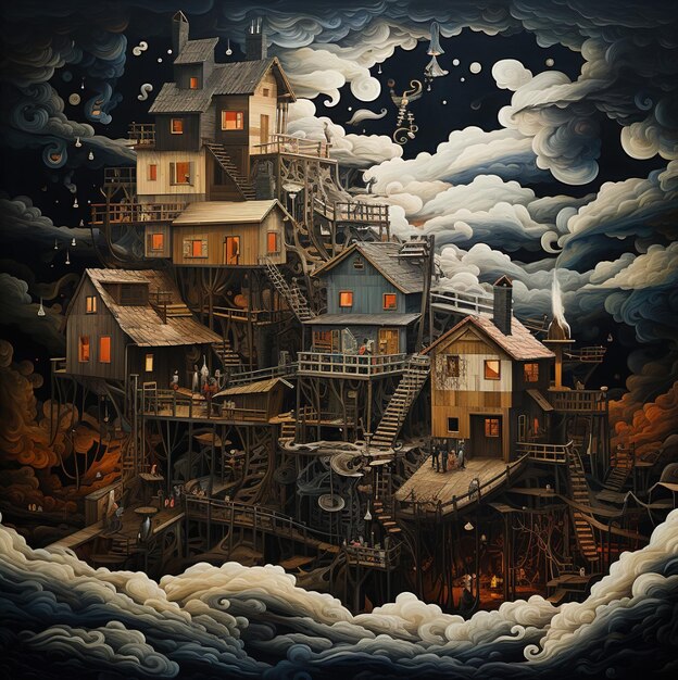 un dipinto di una casa in un cielo notturno nuvoloso.