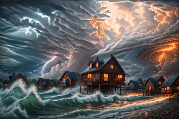Un dipinto di una casa in una giornata di tempesta con un cielo nuvoloso sopra di essa.