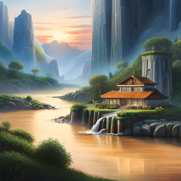 Un dipinto di una casa in una valle di montagna