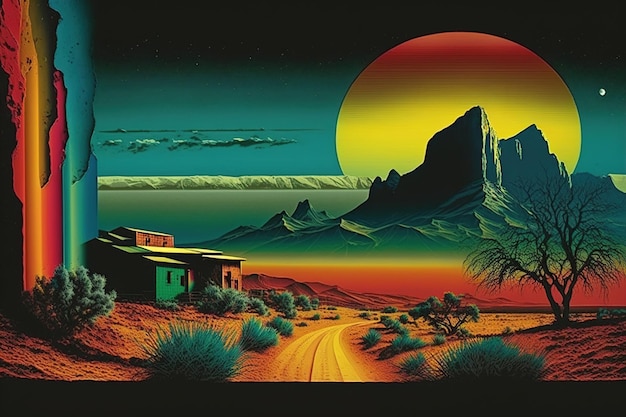 Un dipinto di una casa nel deserto con un tramonto sullo sfondo