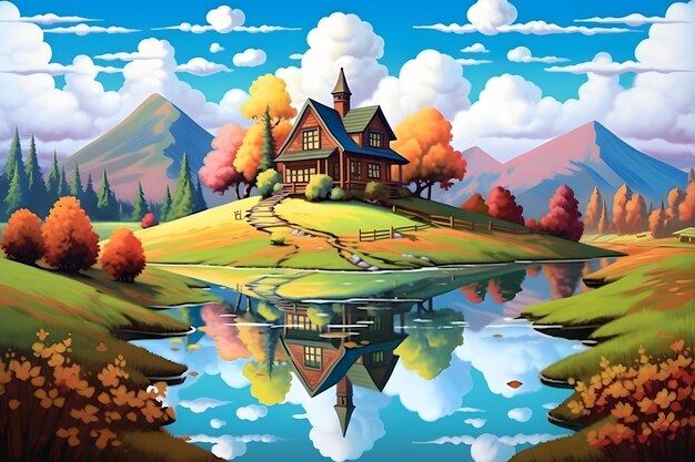Un dipinto di una casa su una collina con il riflesso del cielo e delle nuvole.