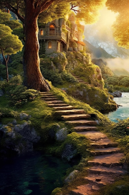Un dipinto di una casa su una collina con un fiume sullo sfondo.