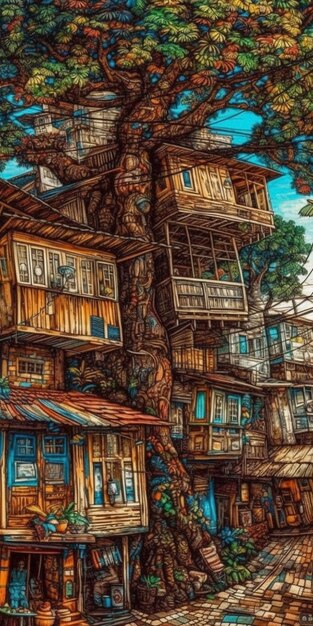 Un dipinto di una casa sull'albero con un balcone in legno.