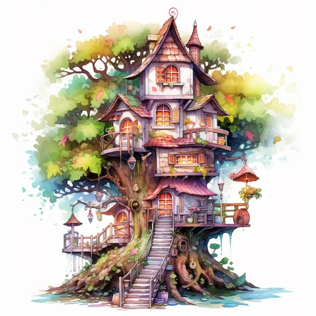 Un dipinto di una casa sull'albero con una scala che porta ad essa