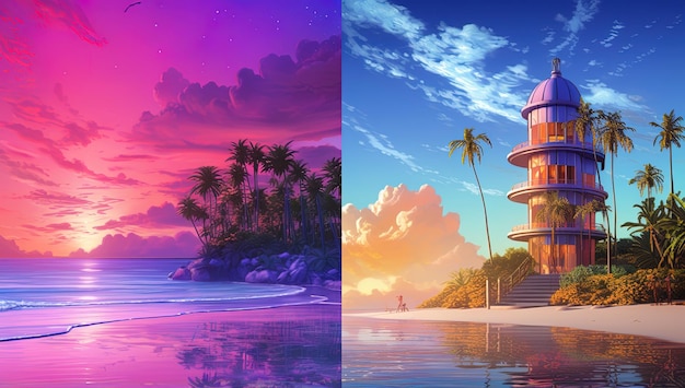 un dipinto di una casa sulla spiaggia con palme e un tramonto