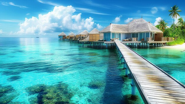 un dipinto di una casa sulla spiaggia con un molo in acqua