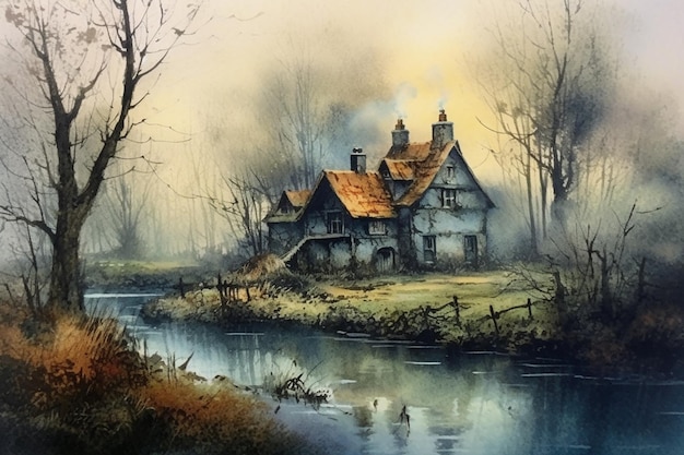 Un dipinto di una casa vicino al fiume