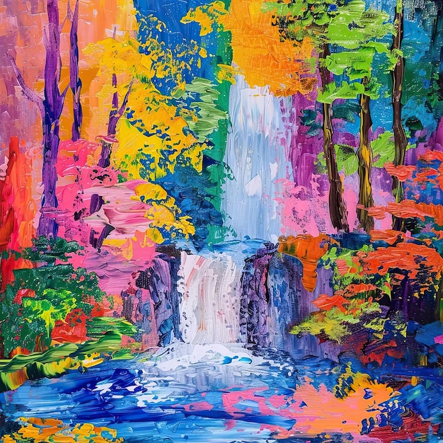 Un dipinto di una cascata circondata da alberi
