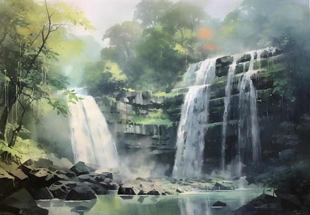 Un dipinto di una cascata con un albero in primo piano.
