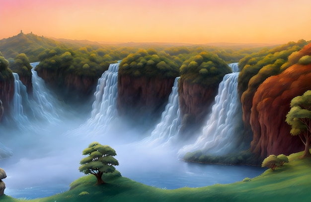 Un dipinto di una cascata con un albero sul lato sinistro.