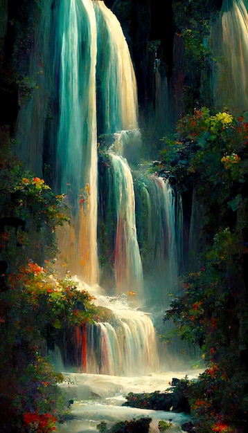 Un dipinto di una cascata con una cascata nel mezzo.