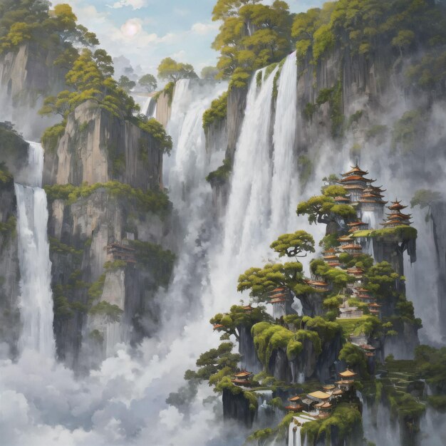 Un dipinto di una cascata con una cascata sullo sfondo.