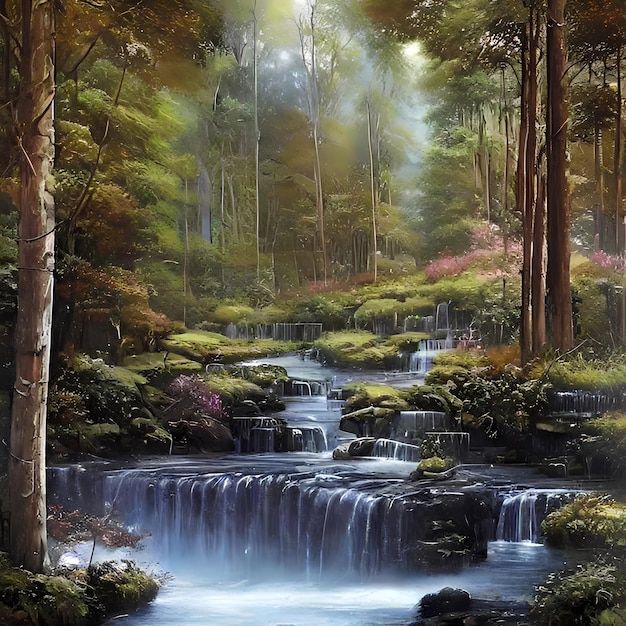 un dipinto di una cascata con una giungla sullo sfondo
