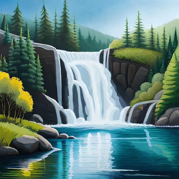 Un dipinto di una cascata da una foresta