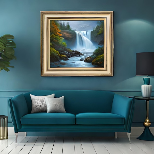 Un dipinto di una cascata è su una parete blu in un soggiorno.