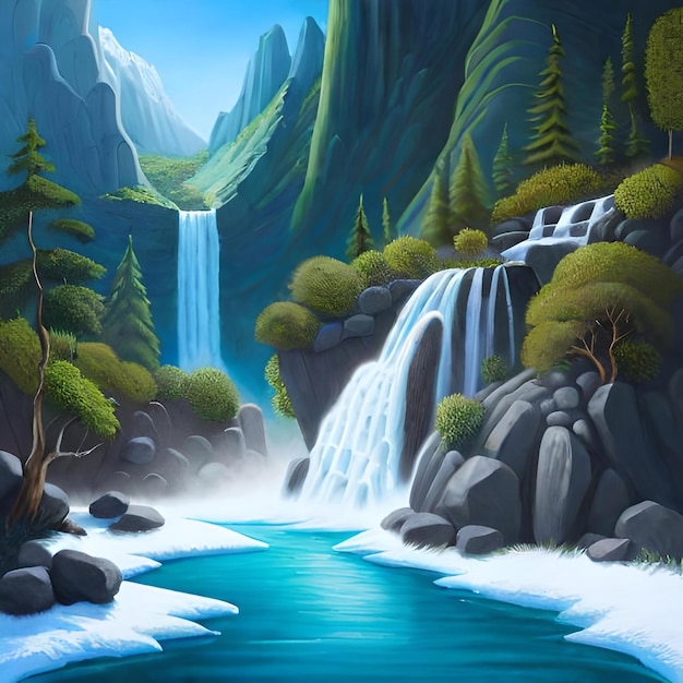 Un dipinto di una cascata e una cascata.