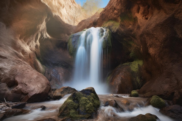 Un dipinto di una cascata in un canyon