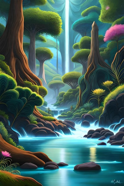 Un dipinto di una cascata in una foresta con una cascată sullo sfondo