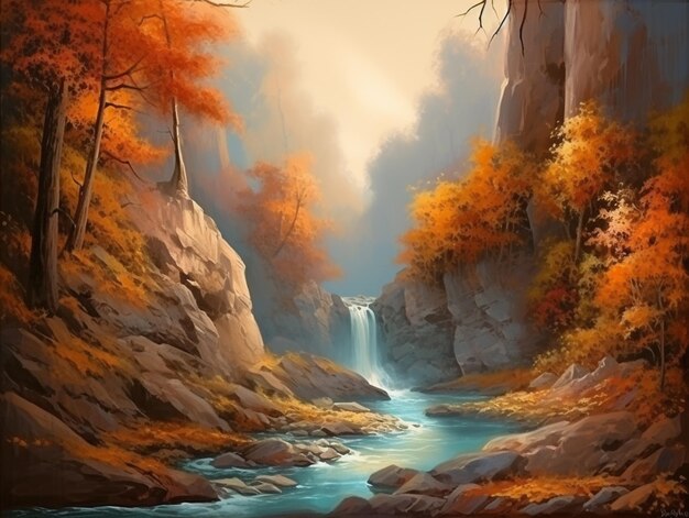 Un dipinto di una cascata in una foresta con una cascata sullo sfondo.