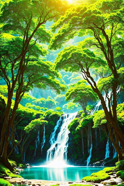 Un dipinto di una cascata nella foresta
