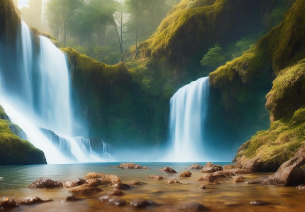 Un dipinto di una cascata nella foresta