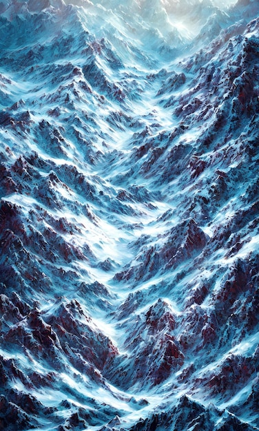 Un dipinto di una catena montuosa con sopra le parole mare e oceano.