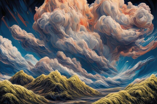 Un dipinto di una catena montuosa con un cielo nuvoloso sullo sfondo.