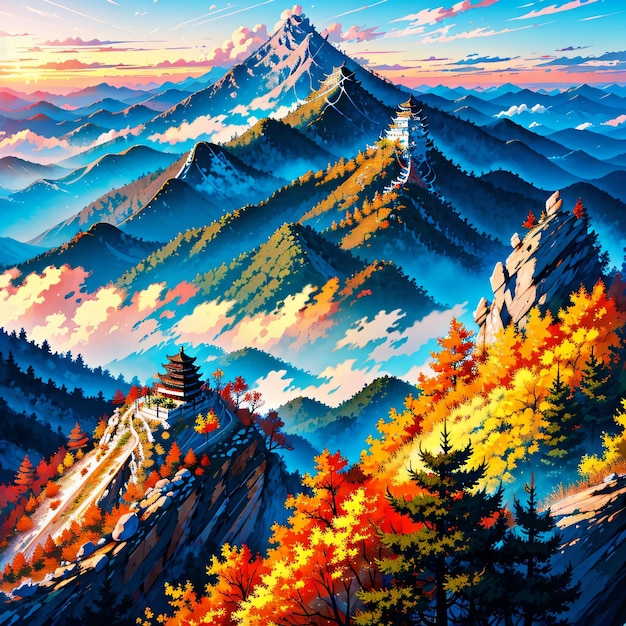 Un dipinto di una catena montuosa con una catena montuosa sullo sfondo.
