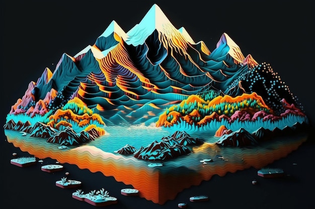 Un dipinto di una catena montuosa con uno sfondo blu e le parole "montagna" sul fondo.
