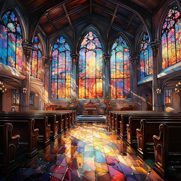 Un dipinto di una chiesa con vetrate e vetrate