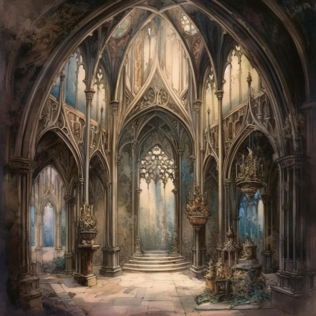 Un dipinto di una chiesa gotica con un grande altare al centro.