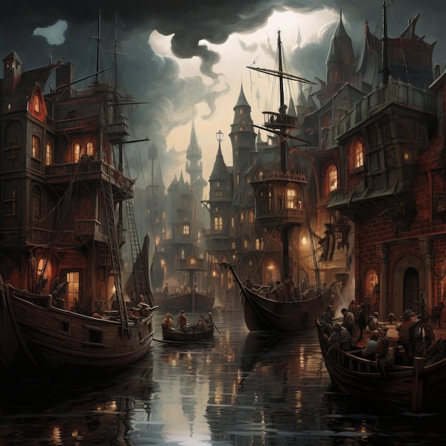 un dipinto di una città con barche e edifici