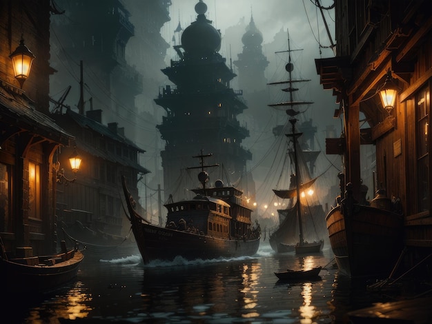 Un dipinto di una città con barche in acqua