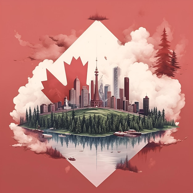 Un dipinto di una città con sopra una bandiera canadese