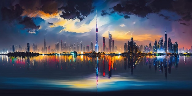 Un dipinto di una città con un burj khalifa sullo sfondo.