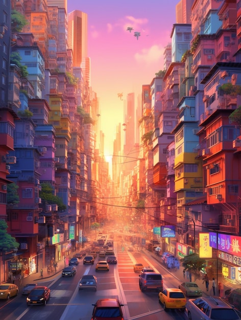 Un dipinto di una città con un cartello che dice "città della Cina"