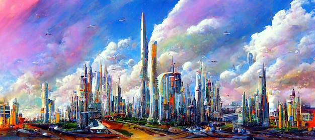 Un dipinto di una città con un cielo nuvoloso e una città sullo sfondo.