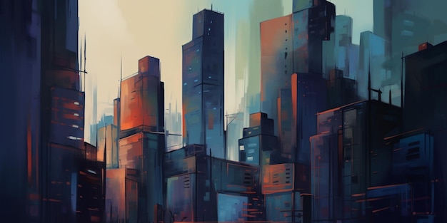Un dipinto di una città con un paesaggio urbano sullo sfondo.