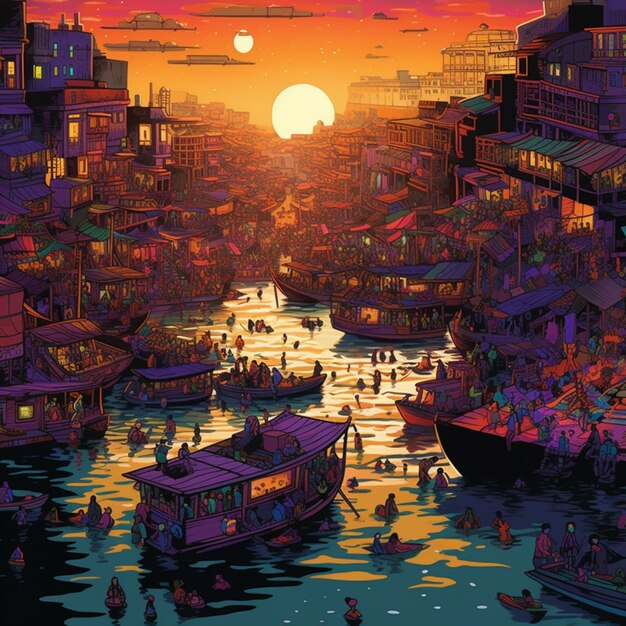 Un dipinto di una città con un tramonto e barche sull'acqua.