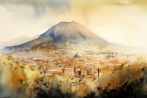 Un dipinto di una città con un vulcano sullo sfondo.