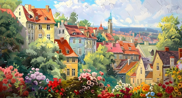 un dipinto di una città con una città e fiori sul muro