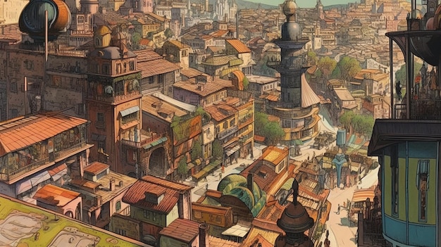 Un dipinto di una città con una grande torre dell'orologio sullo sfondo.